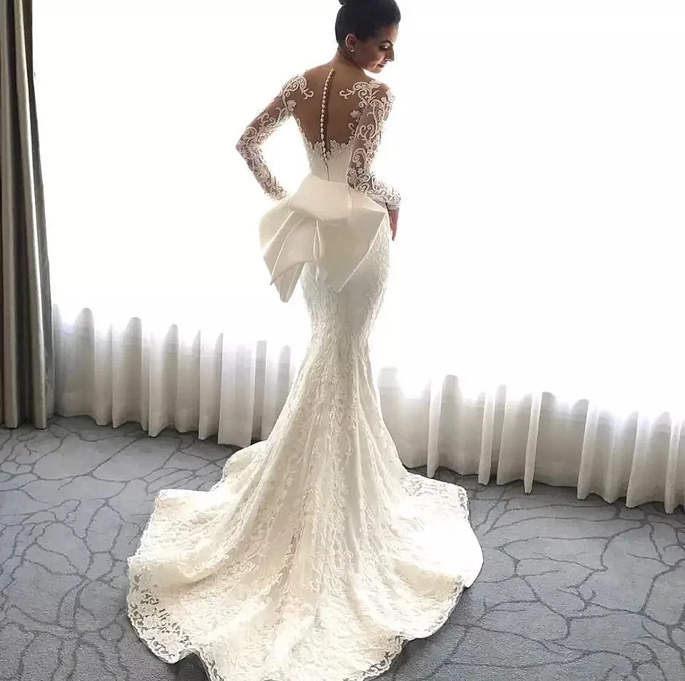 Customized 2 Pieces Luxury Wedding Dresses Detachable Train 2024 Elegant Long Sleeve Boho Mermaid White Bride - Image 5