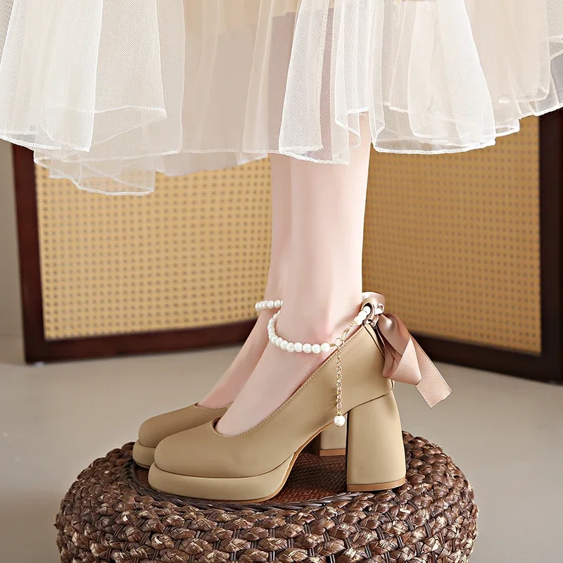 New Mary Janes Pumps for Womens Shoe Round Toe Shallow Mouth Beaded Bow 8.5CM Thick High Heels Office Shoes Size 34-43 - Image 3